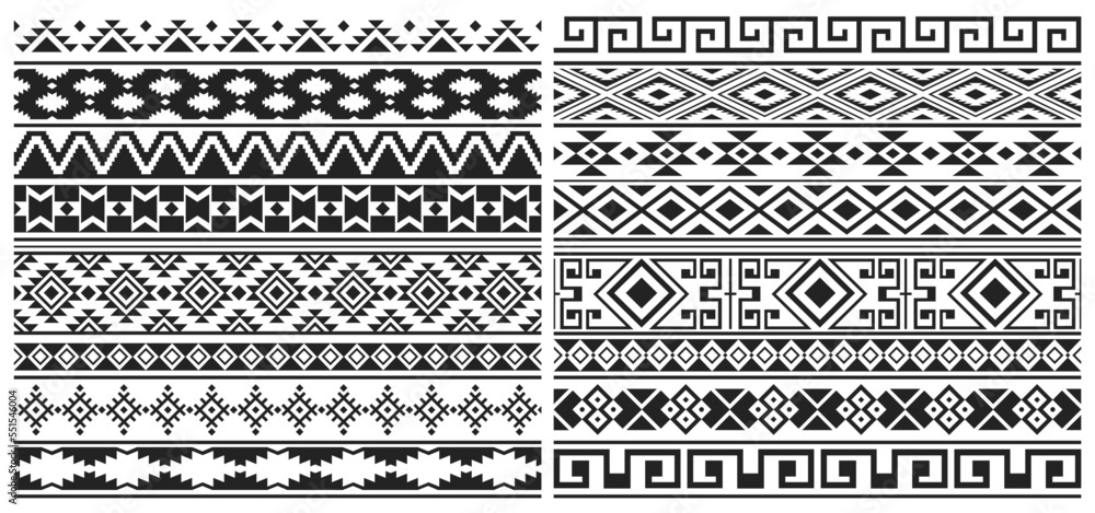 Vecteur Stock Mexican aztec, mayan border patterns with ethnic tribal  geometric ornaments. Vector seamless borders with black pattern of native  indians of Mexico, Peru or America, abstract indigenous motifs | Adobe Stock