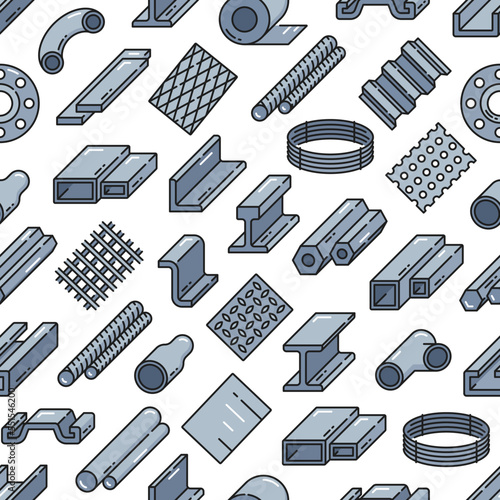 Color steel and aluminum rolled metal, stainless profile seamless pattern. Construction and metallurgy industry metal bars, tubes and mesh on wrapping paper background, fabric or textile pattern