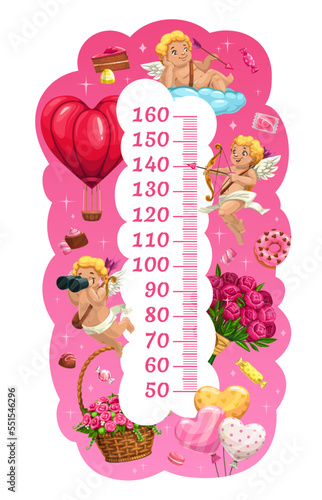 Kids height chart with cupids and gifts growth meter. Vector stadiometer scale for children height measurement with cartoon funny amur love characters, flower bouquets, hot air balloon and sweets
