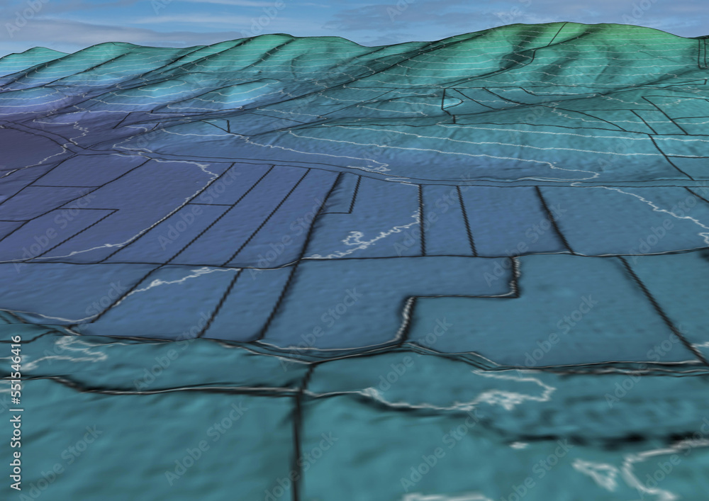 Obraz premium Concept de fond - Vue aérienne de paysage vallonné territoire montagneux - Rendu 3d modèle numérique de terrain avec courbes de niveau