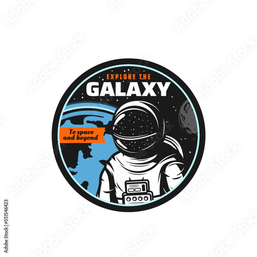 Astronaut in outer space icon. Galaxy exploration program, space planets research retro symbol or round icon with spaceman, cosmonaut or astronaut in spacesuit, Earth, moon and stars