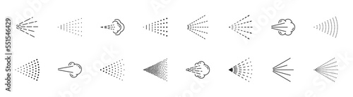 Spray icons. Water, perfume or gas outline pictograms, humidifier vapor, hairspray or shower drops, nasal spray, aerosol fluid sprinkle thin line icons, vector symbols set