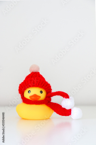 Wallpaper Mural A yellow rubber duck wrapped in red cotton bobble hat and red scarf, isolated on snowy white background, winter and freezing temperature concept. Torontodigital.ca
