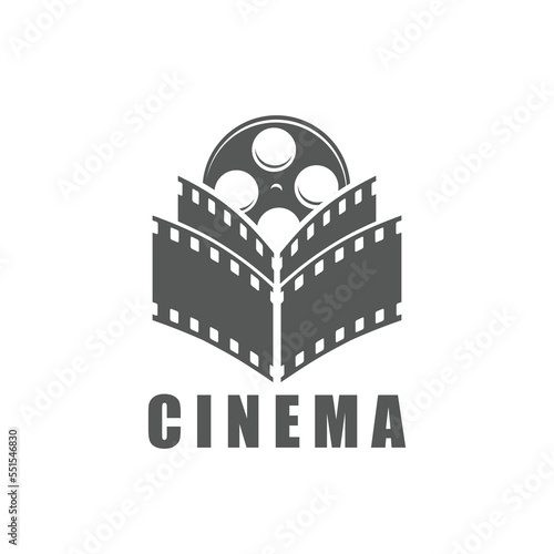Movie cinema icon. Cinematography industry, movie theater or television production monochrome vector symbol, vintage emblem or sign with 35 mm celluloid film reel and strip
