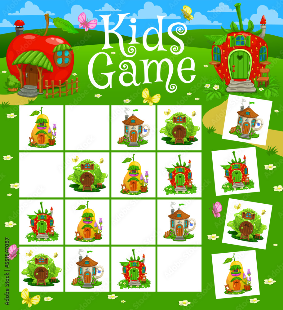 Sudoku kids game, fairytale magic houses and dwellings, vector quiz worksheet. Kids sudoku logic puzzle with fairy gnome or elf shelter hut of strawberry or apple fruit and pear, tabletop board game