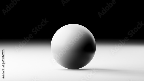 One single ball or globe on white flat surface against black background with copy space for text, 3D illustration rendering