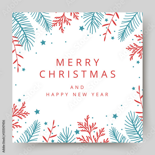 Merry Christmas and Happy New Year card. Festive square template. Vector illustration 