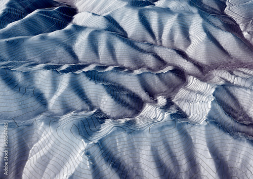 Concept de fond - Vue aérienne de paysage vallonné territoire montagneux - Rendu 3d modèle numérique de terrain avec courbes de niveau photo