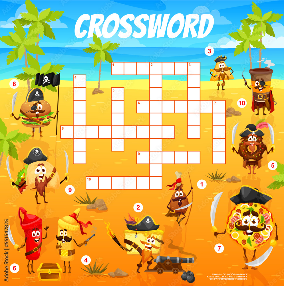 Crossword grid cartoon captain and pirates fastfood characters on treasure island quiz game