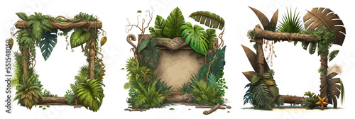 Jungle frame with wooden planks, old paper, rope, decorated. Vector cartoon set of wood panels, timber boards.