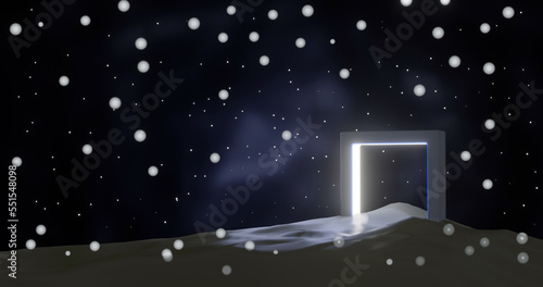 Rectangular gate leading to different stars mounted on the moon  3D rendering.