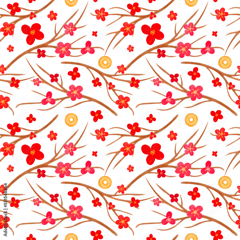Watercolor pattern with sakura, flowers and gold coins on white background. For various products for Chinese New year.