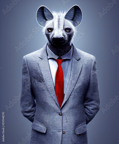 Businessman with hyena mask, suit and tie