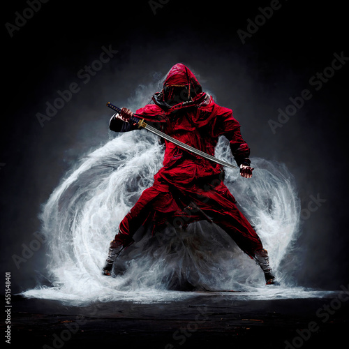 Red hooded samurai cutting waves
