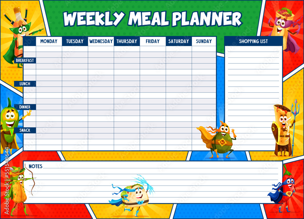 Weekly meal planner superhero mexican tex mex food characters. Vector ...