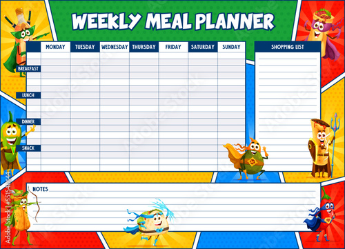 Weekly meal planner superhero mexican tex mex food characters. Vector timetable, week food plan organizer template with tequila, jalapeno, enchiladas, burrito, tacos and avocado comics personages