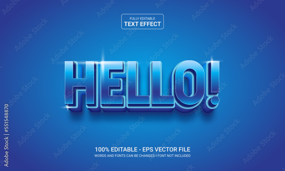 Editable text effect hello 3d cartoon template stlye modren premium vector