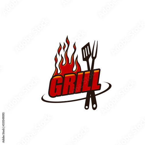 Grill icon, BBQ restaurant, barbecue steak bar and steakhouse vector fire flame. Barbeque food, kebab and burger house emblem with fork and spatula, skewer meat, fast food menu and BBQ butchery sign