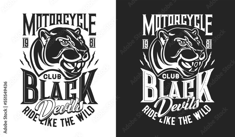 Black puma mascot, biker and motorcycle club t-shirt print, vector sport racing emblem. Motocross or bike races and speedway sport club mascot of puma or cougar panther for chopper riders club sign