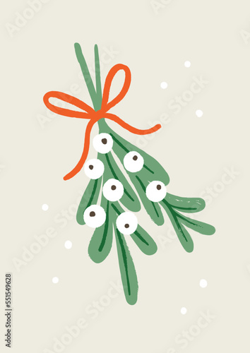 Hand Drawn Mistletoe With White Berries And Red Bow. Simple Style Vector Holiday Illustration. Ideal For Christmas Greeting Card, Invitation, Poster And Other.