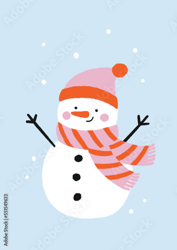Hand Drawn Illustration With Funny Snowman In A Pink Hat And Striped Scarf. Light Blue Background With Snowflakes. Holiday Vector Design Perfect For Poster Or Greeting Card. Isolated Elements.