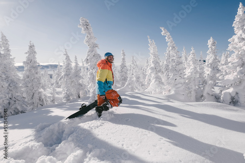 Happy Male snowboarder wearing coloured clothing standing in snow covered spruce trees on sunny day. Snowy slope with beautiful mountain valley view