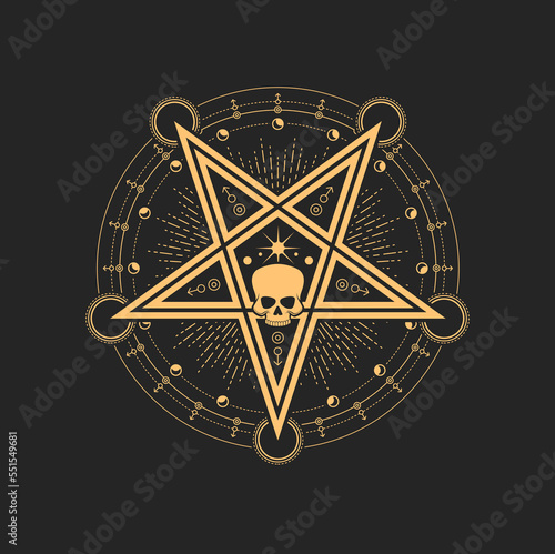 Esoteric and occult Pentagram with human skull, crescent moon and stars symbols around Vector magic tarot cards, witchcraft or alchemy sign, spiritual emblem, isolated wicca or pagan sacred amulet