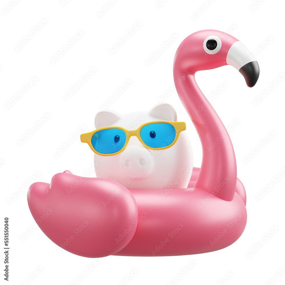 Fototapeta premium Piggy bank with sunglasses and inflatable flamingo 3D render