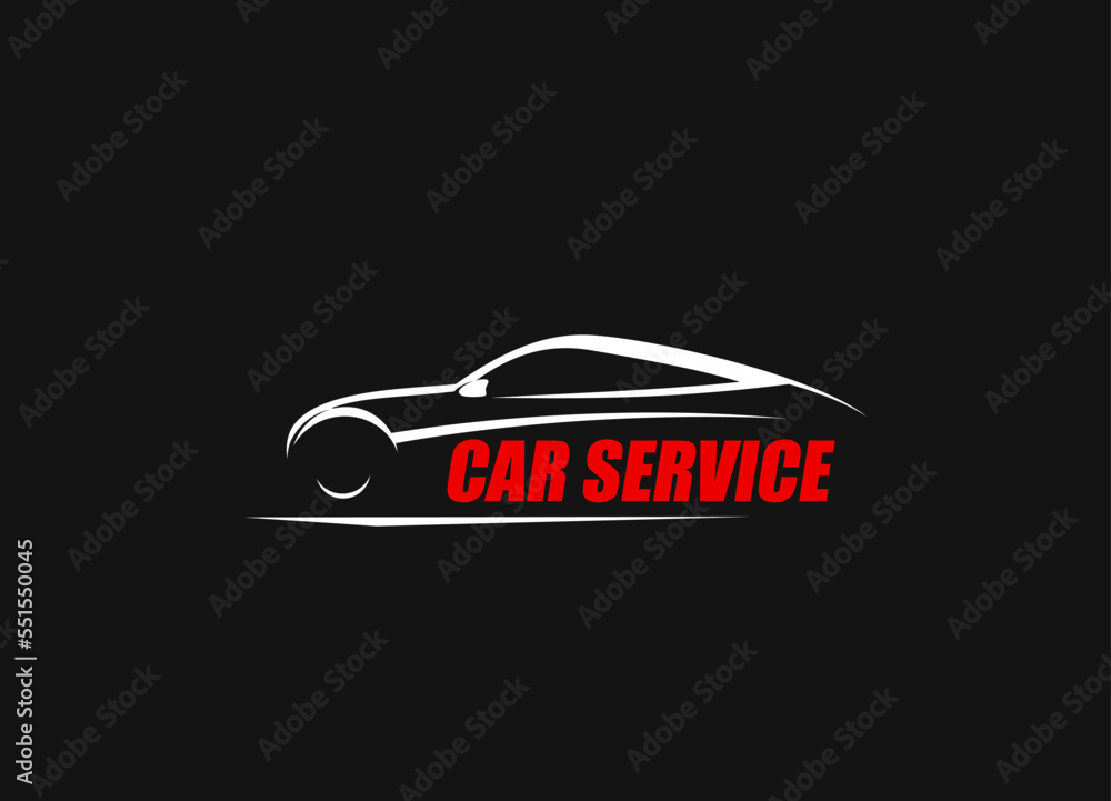 Car service workshop icon. Automobile repair, vehicle restoration or maintenance service, auto mechanic garage station vector symbol or sign with coupe car white silhouette and red typography