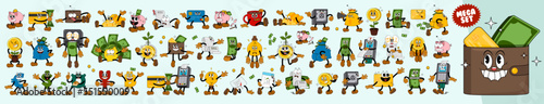Mega Set of comic characters in retro cartoon style. Cute comic gloved hands characters in cartoon 1930s style. Collection of comic characters on a business theme in retro cartoon style