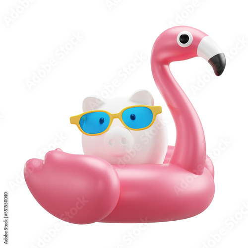 Piggy bank with sunglasses and inflatable flamingo 3D render photo
