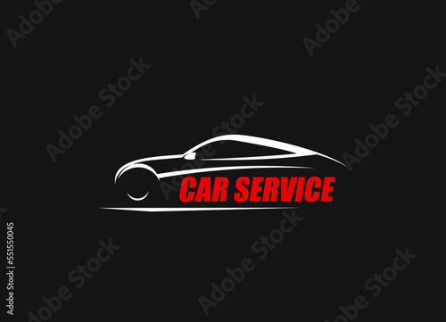Car service workshop icon. Automobile repair, vehicle restoration or maintenance service, auto mechanic garage station vector symbol or sign with coupe car white silhouette and red typography