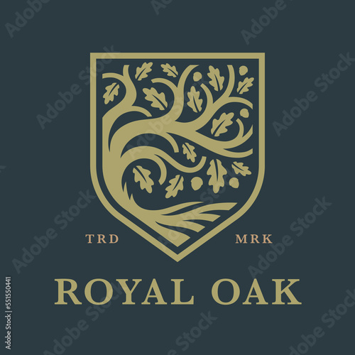 Oak tree shield logo icon. Royal crest nature brand emblem. Vector illustration.