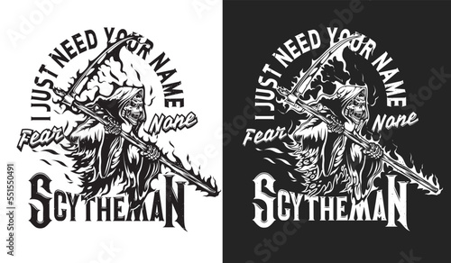 Death reaper with scythe t-shirt print. Halloween holiday party or Day of the dead celebration clothing, tshirt scary and creepy print, vector symbol with death skeleton character and typography