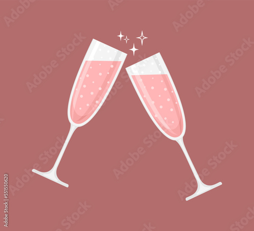 Two glasses of rose sparkling wine or champagne on a pale red background. Vector illustration in flat style