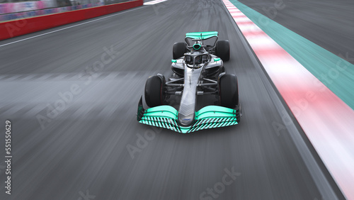 Panning racing car running on track 3D illustration.
