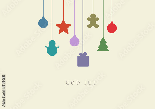 Card with Christmas decorations. God Jul. Merry Christmas in Swedish. Vector illustration