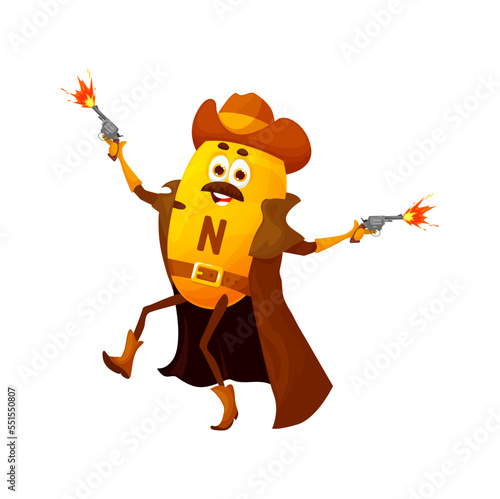 Cartoon vitamin N cowboy character with gun. Isolated vector lipolic acid cowpuncher or robber personage in ranger hat and cloak shoot with pistols. Wild west stockrider hero photo