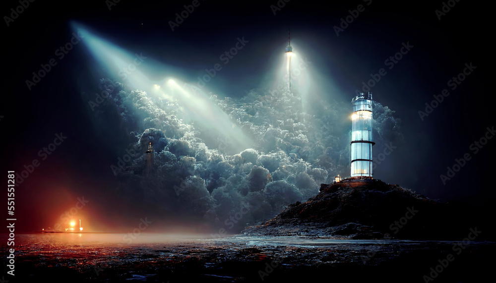 Lighthouse on the island with ships landing at night