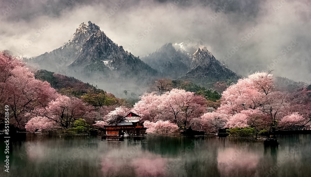 Fototapeta premium Japanese mountain landscape with cherry blossom, sakura, water lake and house