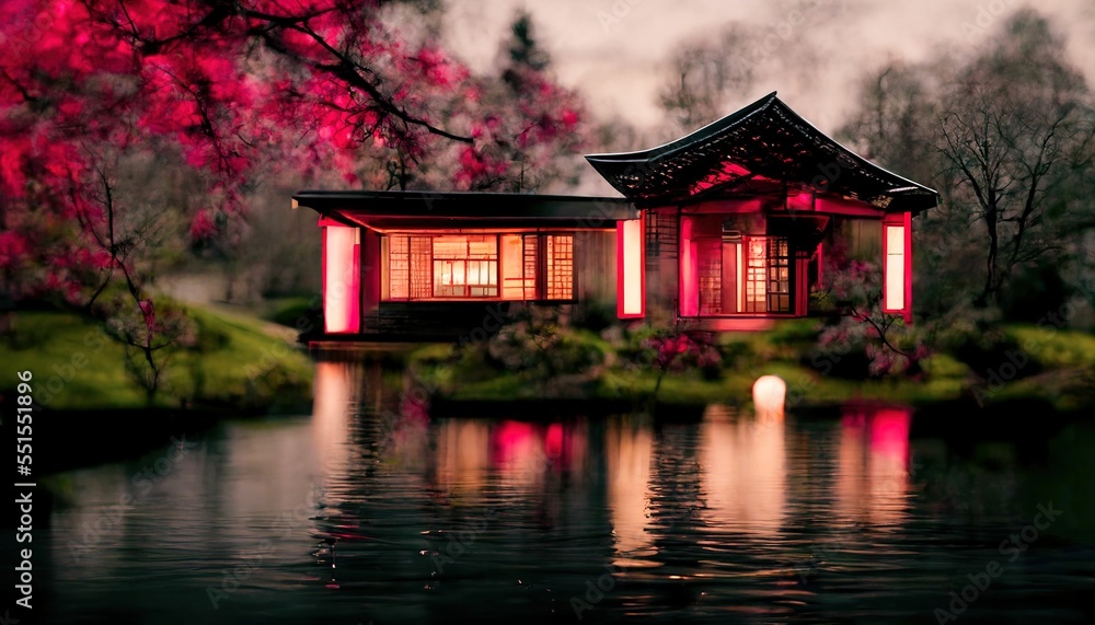 Japanese garden with cherry blossom, sakura, houses reflecting in the lake
