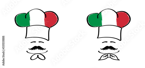 Cartoon chef cap with mustache and Italy flag. Chef hat  or cap. Kitchen cook or cooking hat. Vector menu logo or icon. Italia pizza, cuisine bakery. Baker symbol. Chef cap