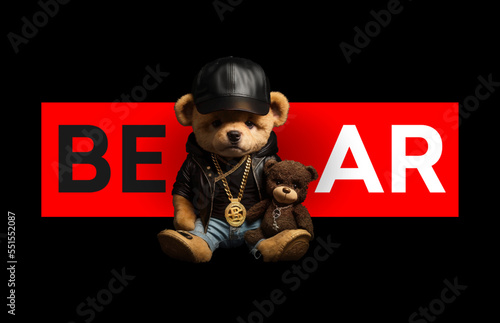 Cute, funny teddy bear in a cap and with a chain on a black background. Gangster kars slogan with a bear doll. Vector illustration
