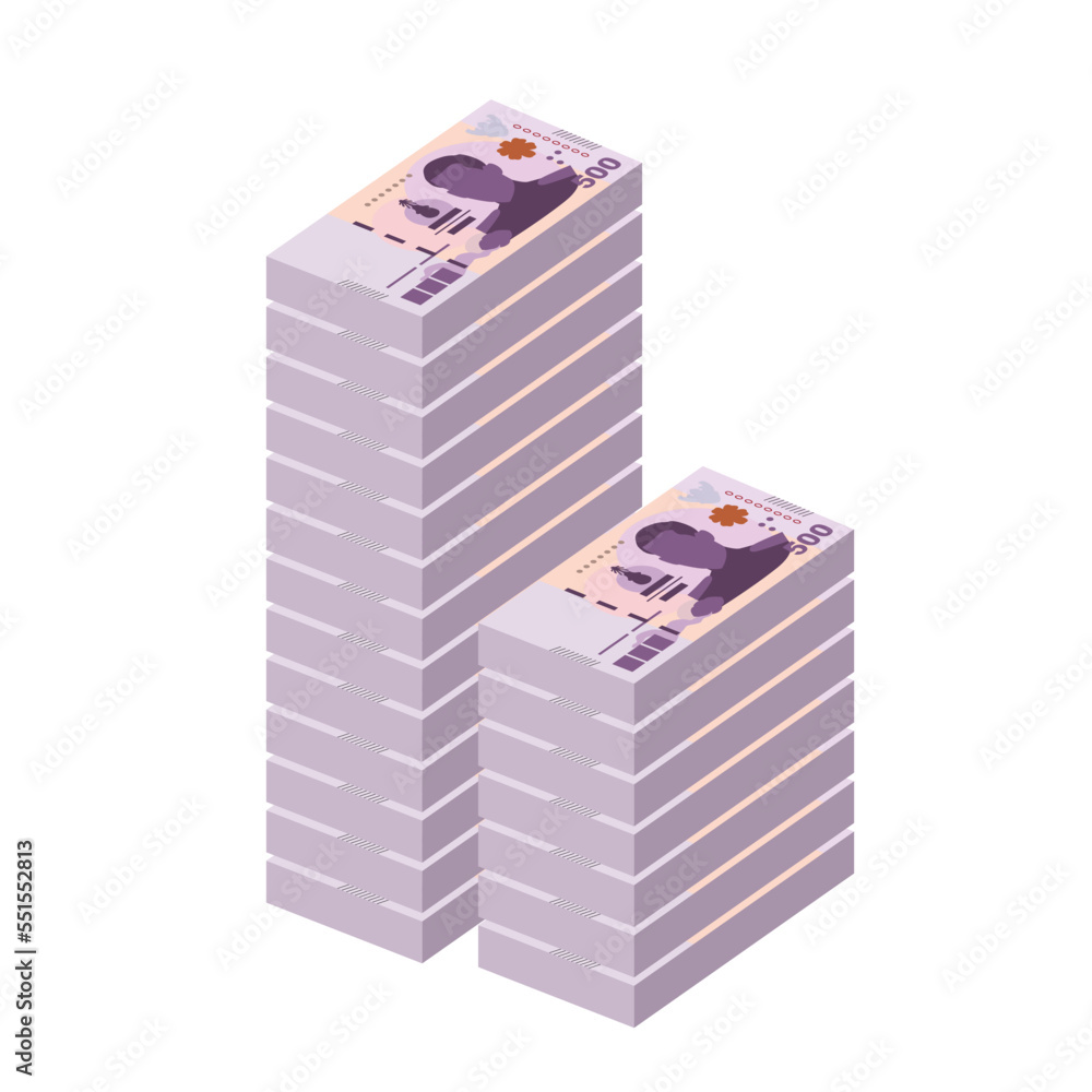 Thai Baht Vector Illustration. Thailand, Cambodia, Laos money set bundle banknote. Paper money 500 THB. Flat style. Isolated on white background. Simple minimal design. Thai Baht Vector Illustration. Thailand, Cambodia, Laos money set bundle banknote. Paper money 500 THB. Flat style. Isolated on white background. Simple minimal design.
