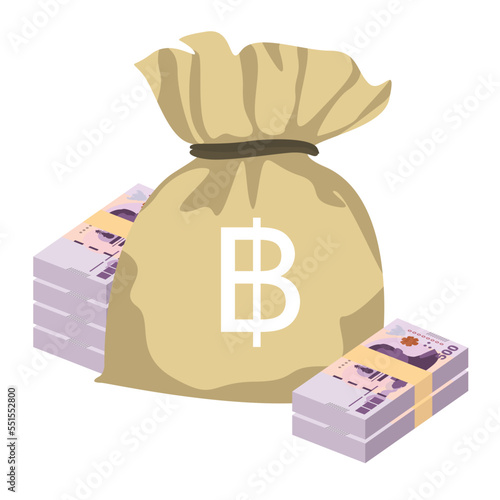Thai Baht Vector Illustration. Thailand, Cambodia, Laos money set bundle banknote. Money bag 500 THB. Flat style. Isolated on white background. Simple minimal design.