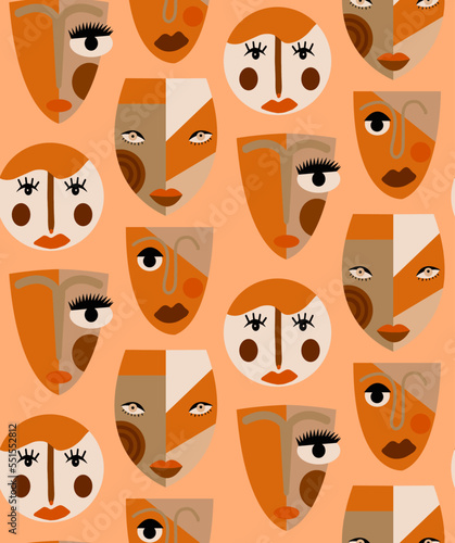 Abstract Hand Drawing Ethnic Bohemian Mask Figures Seamless Vector Pattern Isolated Background