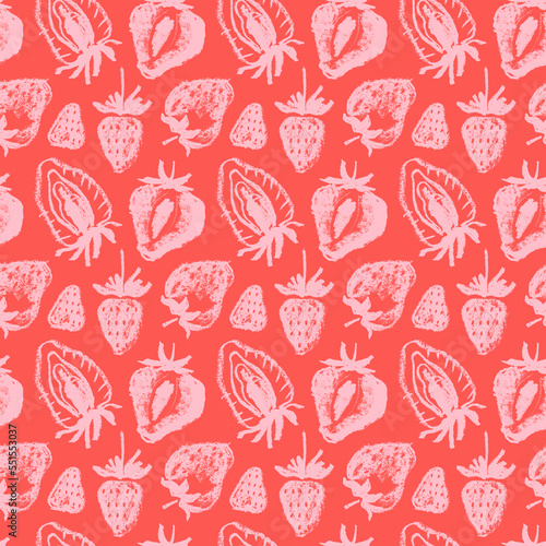 Strawberry pattern seamless, strawberries illustration for fabric ornament and textile design. Hand-drawn vector red berry. Juice or jam label design. Ripe berries background. Strawberry backdrop.
