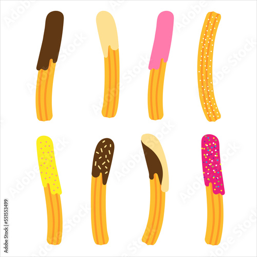 Set of churros with different toppings. Mexican snack. Hand drawn vector