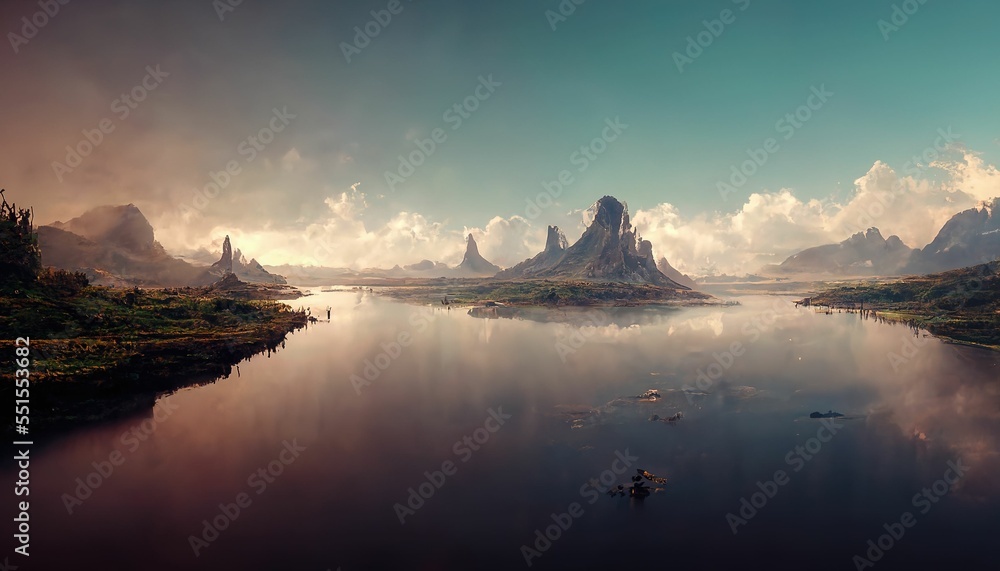 Panoramic landscape with lake view, mountains with blue sky and fluffy clouds, countryside in summer