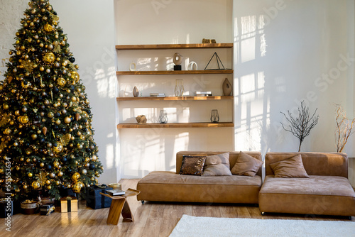 Living room in Scandinavian style with a Christmas decor. Holiday background. New Year